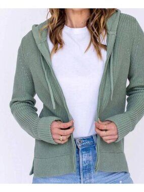 NWT Pura Cashmere Women's Fisherman Hoodie Sweater  Size M  Sage Green Full Zip